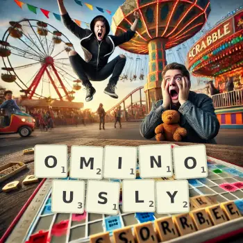 Creative illustration for a Scrabble game with the word OMINOUSLY spelled out in tiles on the board.