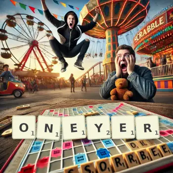 Creative illustration for a Scrabble game with the word ONEYER spelled out in tiles on the board.