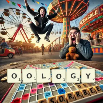 Creative illustration for a Scrabble game with the word OOLOGY spelled out in tiles on the board.