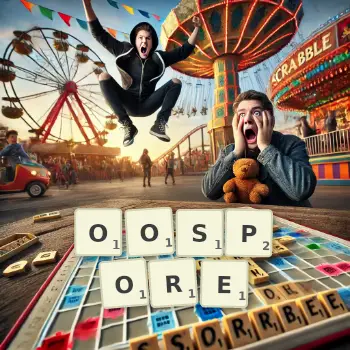 Creative illustration for a Scrabble game with the word OOSPORE spelled out in tiles on the board.
