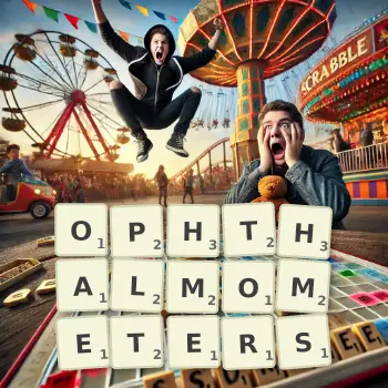 Creative illustration for a Scrabble game with the word OPHTHALMOMETERS spelled out in tiles on the board.