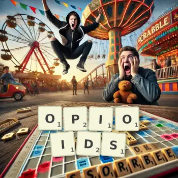 Creative illustration for a Scrabble game with the word OPIOIDS spelled out in tiles on the board.