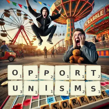 Creative illustration for a Scrabble game with the word OPPORTUNISMS spelled out in tiles on the board.