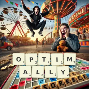 Creative illustration for a Scrabble game with the word OPTIMALLY spelled out in tiles on the board.