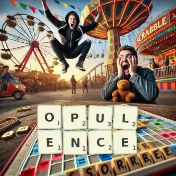 Creative illustration for a Scrabble game with the word OPULENCE spelled out in tiles on the board.