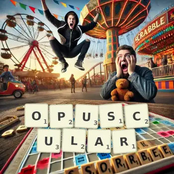 Creative illustration for a Scrabble game with the word OPUSCULAR spelled out in tiles on the board.