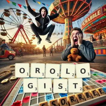 Creative illustration for a Scrabble game with the word OROLOGIST spelled out in tiles on the board.