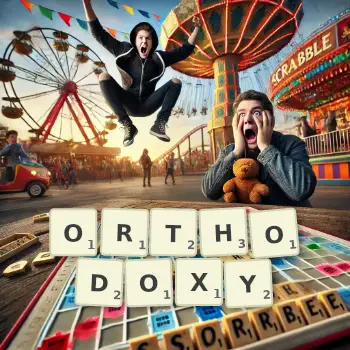 Creative illustration for a Scrabble game with the word ORTHODOXY spelled out in tiles on the board.
