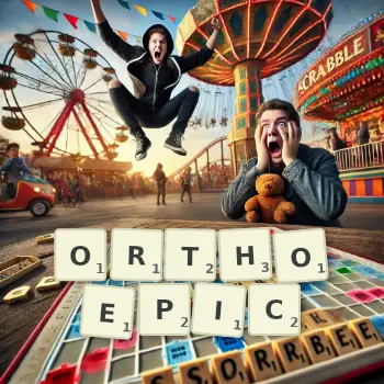 Creative illustration for a Scrabble game with the word ORTHOEPIC spelled out in tiles on the board.