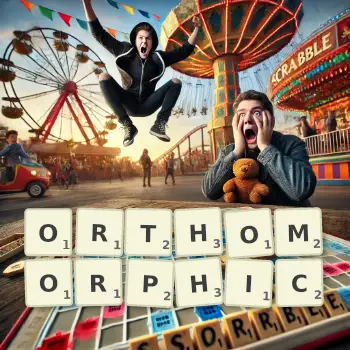Creative illustration for a Scrabble game with the word ORTHOMORPHIC spelled out in tiles on the board.