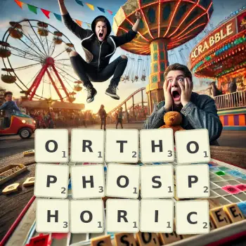 Creative illustration for a Scrabble game with the word ORTHOPHOSPHORIC spelled out in tiles on the board.