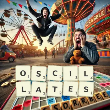 Creative illustration for a Scrabble game with the word OSCILLATES spelled out in tiles on the board.