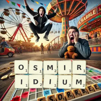 Creative illustration for a Scrabble game with the word OSMIRIDIUM spelled out in tiles on the board.
