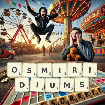 Creative illustration for a Scrabble game with the word OSMIRIDIUMS spelled out in tiles on the board.