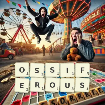 Creative illustration for a Scrabble game with the word OSSIFEROUS spelled out in tiles on the board.