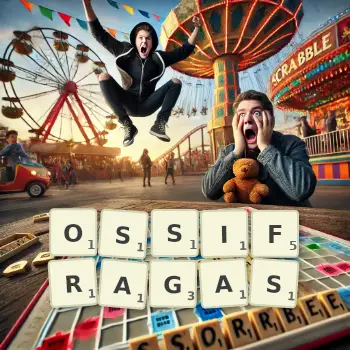 Creative illustration for a Scrabble game with the word OSSIFRAGAS spelled out in tiles on the board.
