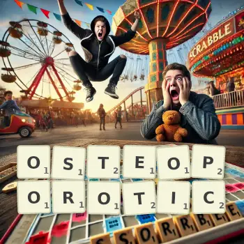 Creative illustration for a Scrabble game with the word OSTEOPOROTIC spelled out in tiles on the board.