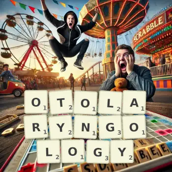 Creative illustration for a Scrabble game with the word OTOLARYNGOLOGY spelled out in tiles on the board.