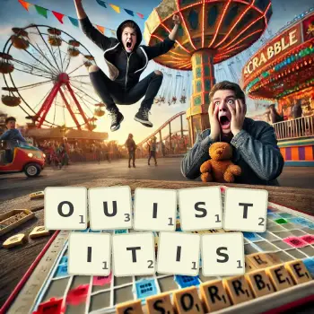 Creative illustration for a Scrabble game with the word OUISTITIS spelled out in tiles on the board.