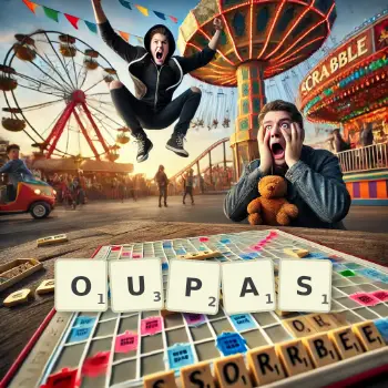 Creative illustration for a Scrabble game with the word OUPAS spelled out in tiles on the board.