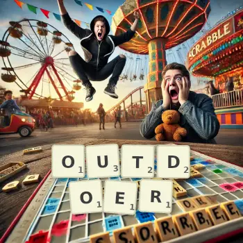 Creative illustration for a Scrabble game with the word OUTDOER spelled out in tiles on the board.