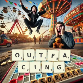 Creative illustration for a Scrabble game with the word OUTFACING spelled out in tiles on the board.