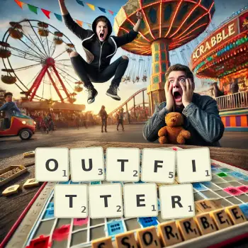 Creative illustration for a Scrabble game with the word OUTFITTER spelled out in tiles on the board.