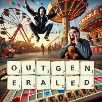 Creative illustration for a Scrabble game with the word OUTGENERALED spelled out in tiles on the board.