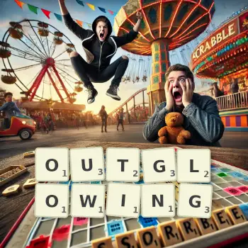 Creative illustration for a Scrabble game with the word OUTGLOWING spelled out in tiles on the board.