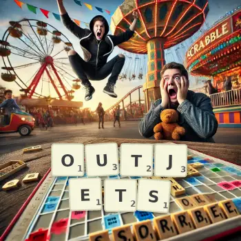 Creative illustration for a Scrabble game with the word OUTJETS spelled out in tiles on the board.