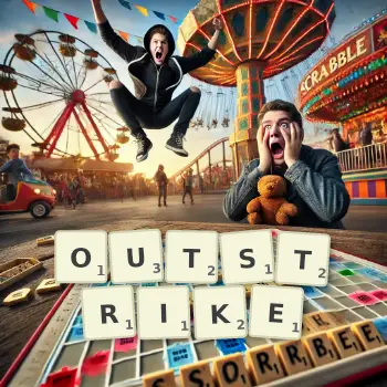 Creative illustration for a Scrabble game with the word OUTSTRIKE spelled out in tiles on the board.