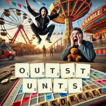 Creative illustration for a Scrabble game with the word OUTSTUNTS spelled out in tiles on the board.