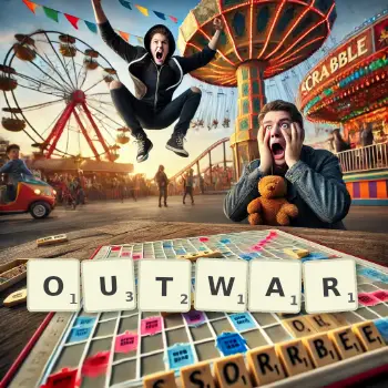 Creative illustration for a Scrabble game with the word OUTWAR spelled out in tiles on the board.
