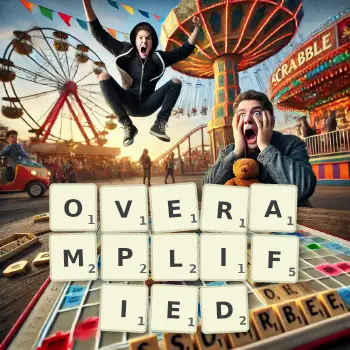 Creative illustration for a Scrabble game with the word OVERAMPLIFIED spelled out in tiles on the board.
