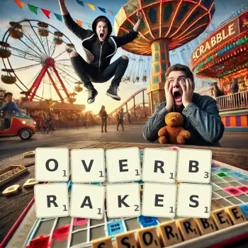 Creative illustration for a Scrabble game with the word OVERBRAKES spelled out in tiles on the board.