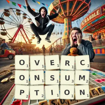 Creative illustration for a Scrabble game with the word OVERCONSUMPTION spelled out in tiles on the board.