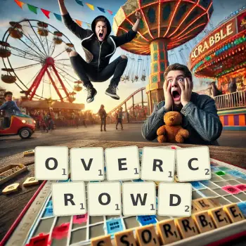 Creative illustration for a Scrabble game with the word OVERCROWD spelled out in tiles on the board.