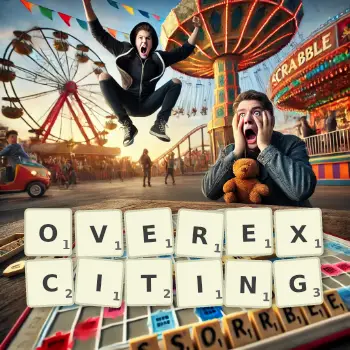 Creative illustration for a Scrabble game with the word OVEREXCITING spelled out in tiles on the board.
