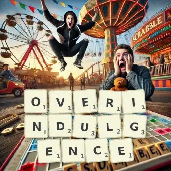 Creative illustration for a Scrabble game with the word OVERINDULGENCE spelled out in tiles on the board.