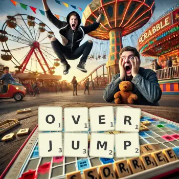 Creative illustration for a Scrabble game with the word OVERJUMP spelled out in tiles on the board.