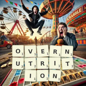 Creative illustration for a Scrabble game with the word OVERNUTRITION spelled out in tiles on the board.