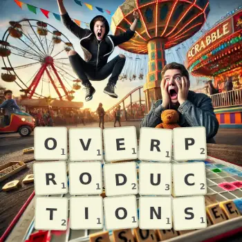 Creative illustration for a Scrabble game with the word OVERPRODUCTIONS spelled out in tiles on the board.