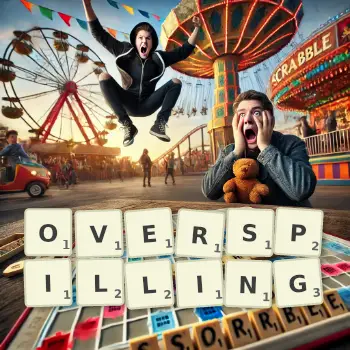 Creative illustration for a Scrabble game with the word OVERSPILLING spelled out in tiles on the board.