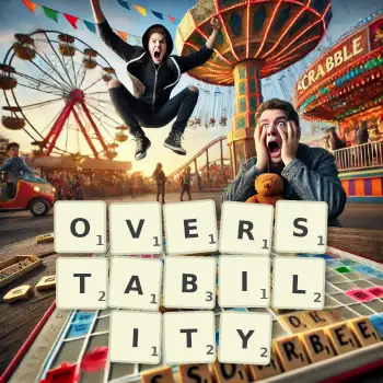 Creative illustration for a Scrabble game with the word OVERSTABILITY spelled out in tiles on the board.