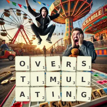 Creative illustration for a Scrabble game with the word OVERSTIMULATING spelled out in tiles on the board.