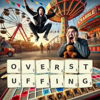 Creative illustration for a Scrabble game with the word OVERSTUFFING spelled out in tiles on the board.