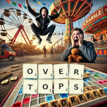 Creative illustration for a Scrabble game with the word OVERTOPS spelled out in tiles on the board.