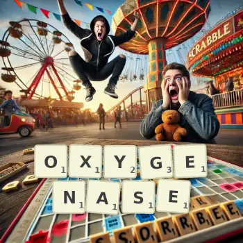 Creative illustration for a Scrabble game with the word OXYGENASE spelled out in tiles on the board.