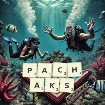 Creative illustration for a Scrabble game with the word PACHAKS spelled out in tiles on the board.