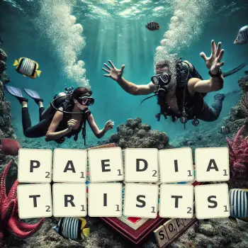 Creative illustration for a Scrabble game with the word PAEDIATRISTS spelled out in tiles on the board.